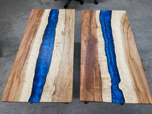 Pair side tables: LiveEdge Maple with Metallic Blue River Ecopoxy
