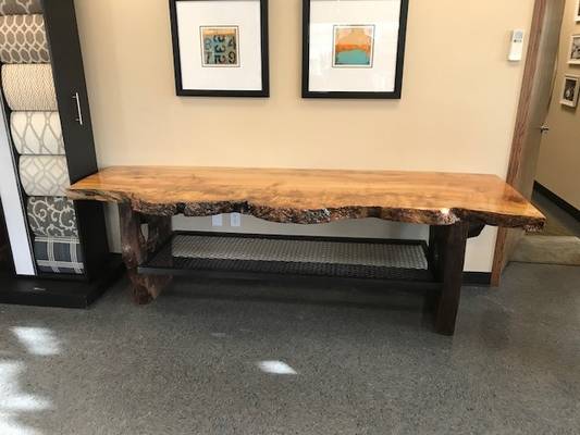 glaze coat Maple LiveEdge top with Black Walnut LiveEdge legs and Expanded metal shelf