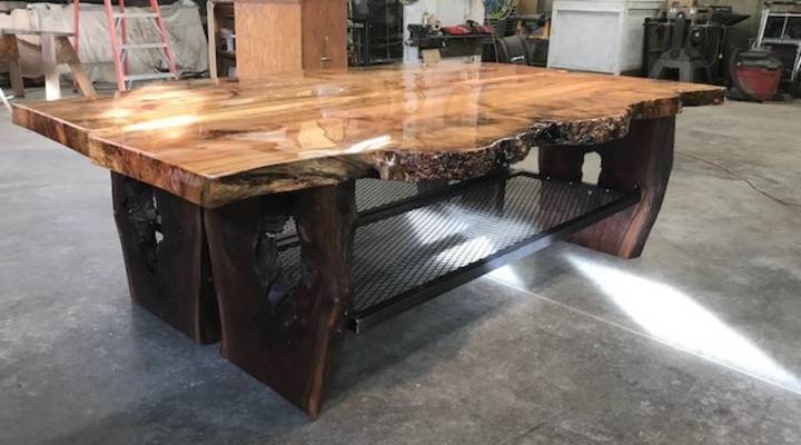 Pair glaze coat Maple LiveEdge tops with Black Walnut LiveEdge legs and Expanded metal shelf
