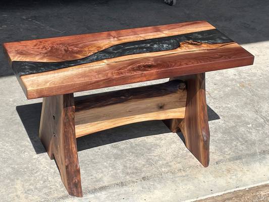 Black Walnut LiveEdge coffee table with Smoke River Ecopoxy, LiveEdge legs & collar tie
