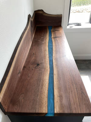 Bar Top: LiveEdge Black Walnut with Blue River Ecopoxy, LiveEdge Backsplash